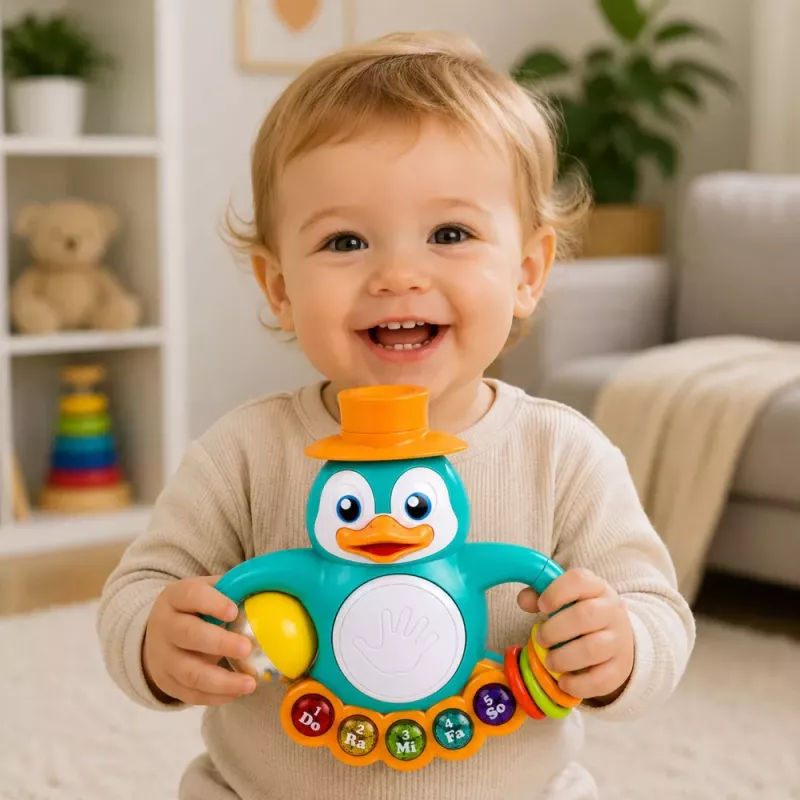 LEAN TOYS Interaktyvus žaislas Pingvino pianinas būgnas karoliukai barškantis kamuolys