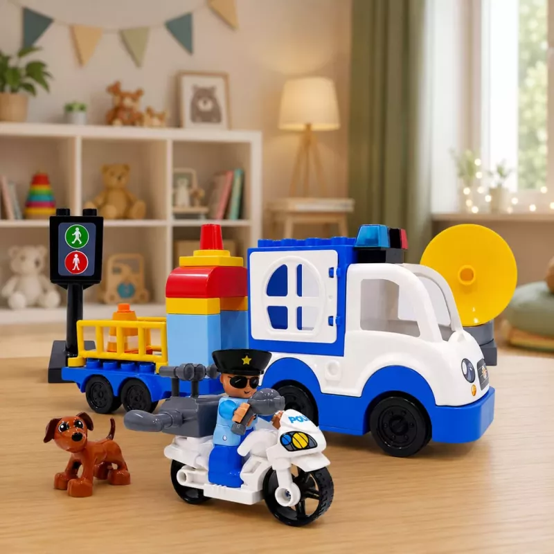 LEAN TOYS City Police Car Set su motorizuotais blokeliais, figūrėlėmis, aksesuarais