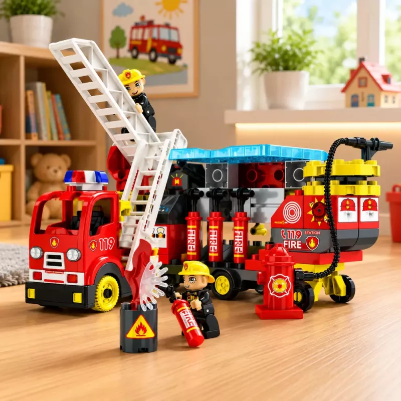 LEAN TOYS Sulankstomas gaisrinis automobilis – statybinių kaladėlių rinkinys su ugniagesių figūrėlėmis, šviesomis ir garsais, 94 dalys