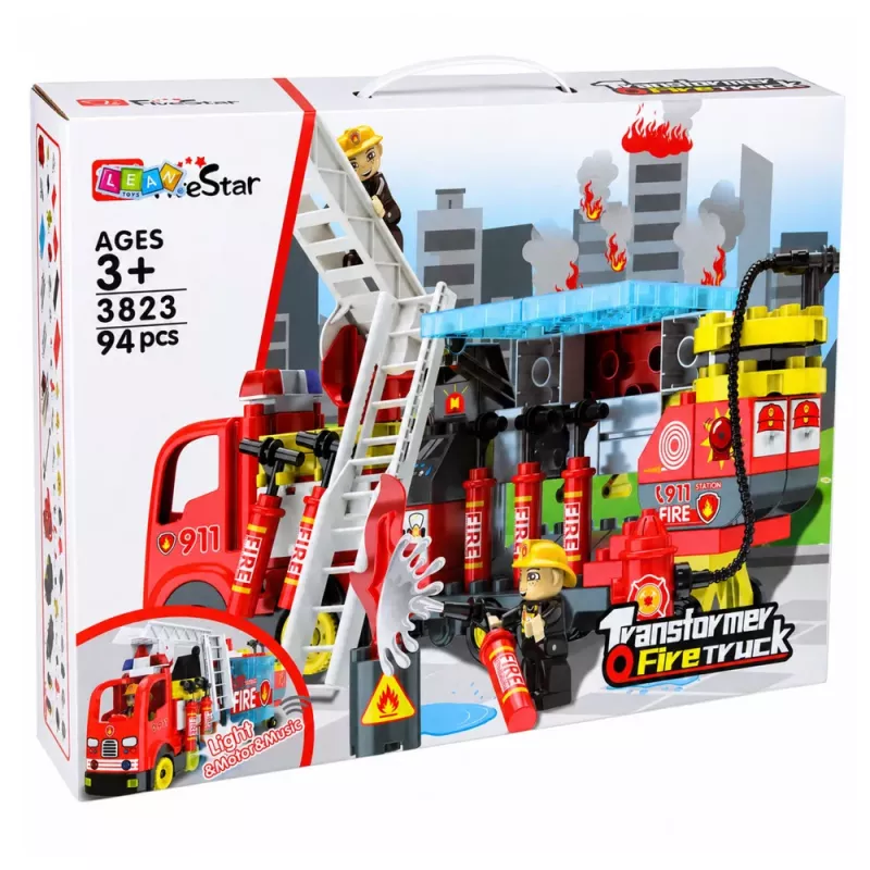 LEAN TOYS Sulankstomas gaisrinis automobilis – statybinių kaladėlių rinkinys su ugniagesių figūrėlėmis, šviesomis ir garsais, 94 dalys