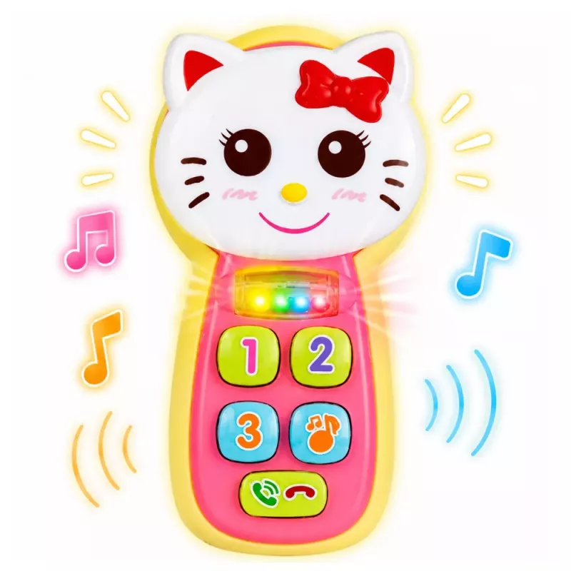 LEAN TOYS Interaktyvus kūdikio telefonas su kačiuko veidrodėliu, barškučiu, švieselėmis ir garsais