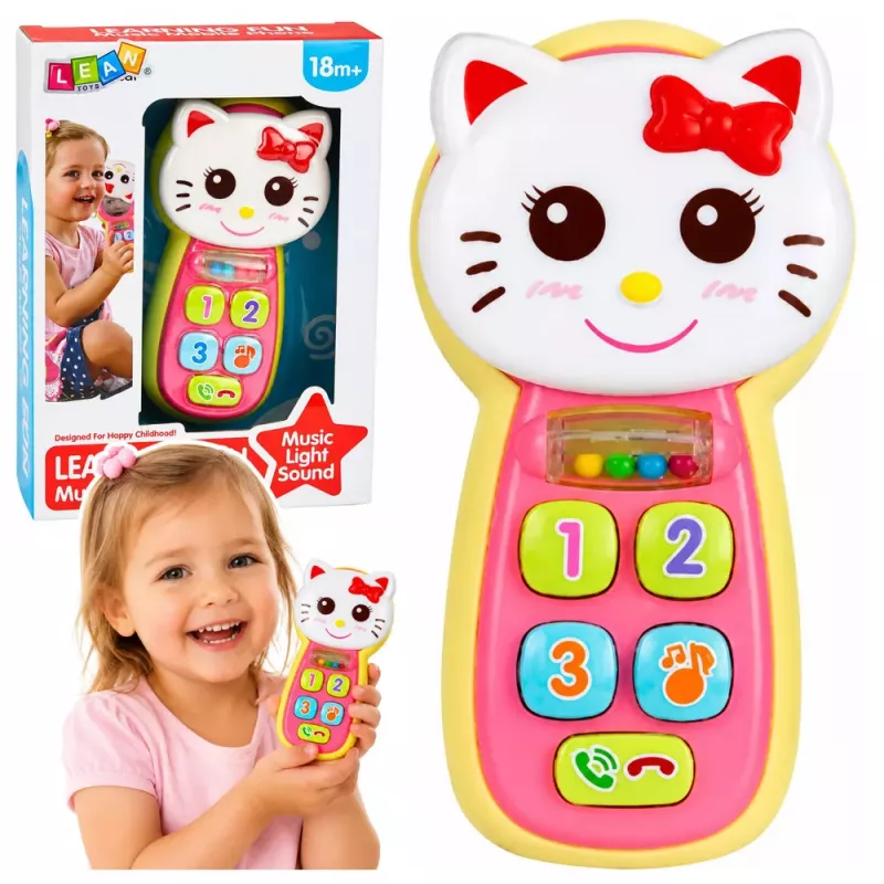 LEAN TOYS Interaktyvus kūdikio telefonas su kačiuko veidrodėliu, barškučiu, švieselėmis ir garsais
