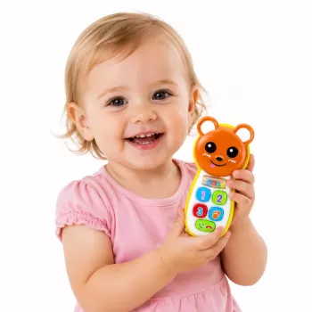 LEAN TOYS Interaktyvus kūdikio telefonas Meškiukas su veidrodžiu, barškučiu, šviesomis ir garsais