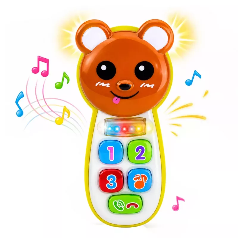 LEAN TOYS Interaktyvus kūdikio telefonas Meškiukas su veidrodžiu, barškučiu, šviesomis ir garsais