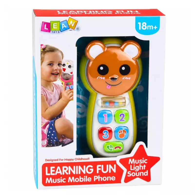 LEAN TOYS Interaktyvus kūdikio telefonas Meškiukas su veidrodžiu, barškučiu, šviesomis ir garsais
