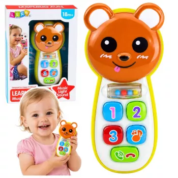 LEAN TOYS Interaktyvus kūdikio telefonas Meškiukas su veidrodžiu, barškučiu, šviesomis ir garsais