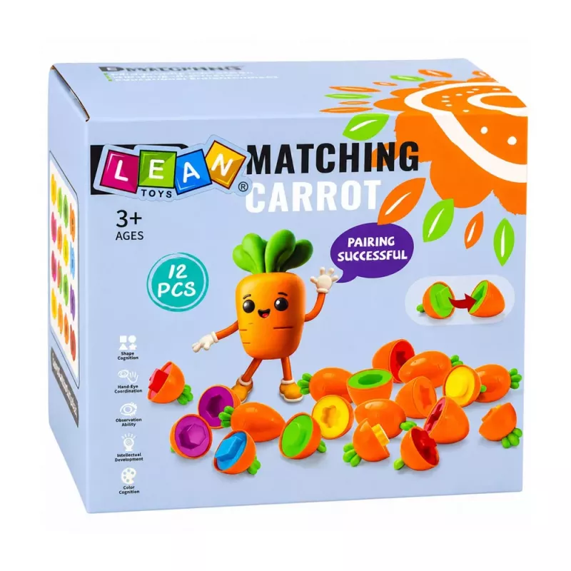 LEAN TOYS Edukacinis morkų rūšiuotuvas, derinantis formas ir spalvas, 12 vnt.