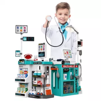 LEAN TOYS Didelis medicinos rinkinys su gydytojo stalu, šviesomis, garsais ir 77 priedais