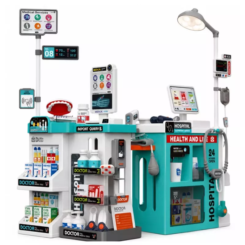 LEAN TOYS Didelis medicinos rinkinys su gydytojo stalu, šviesomis, garsais ir 77 priedais