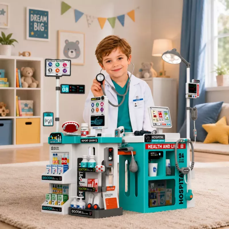 LEAN TOYS Didelis medicinos rinkinys su gydytojo stalu, šviesomis, garsais ir 77 priedais
