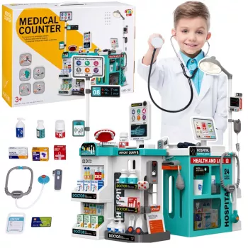 LEAN TOYS Didelis medicinos rinkinys su gydytojo stalu, šviesomis, garsais ir 77 priedais