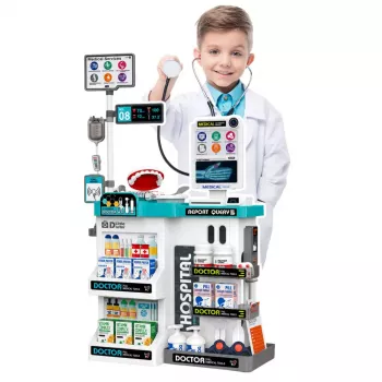 LEAN TOYS Didelis medicinos rinkinys su medicinine lentele, gydytojo šviesomis, garsais ir aksesuarais, 61 vnt.