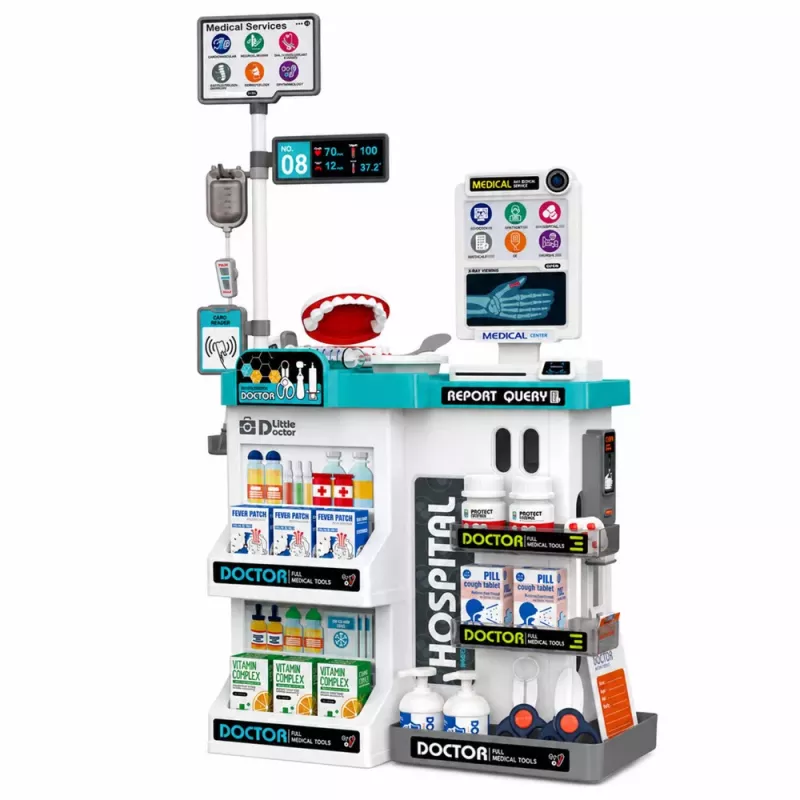 LEAN TOYS Didelis medicinos rinkinys su medicinine lentele, gydytojo šviesomis, garsais ir aksesuarais, 61 vnt.
