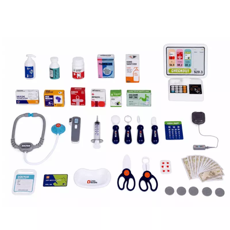 LEAN TOYS Didelis medicinos rinkinys su medicinine lentele, gydytojo šviesomis, garsais ir aksesuarais, 61 vnt.