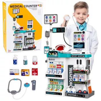LEAN TOYS Didelis medicinos rinkinys su medicinine lentele, gydytojo šviesomis, garsais ir aksesuarais, 61 vnt.