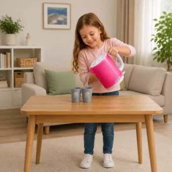 LEAN TOYS Vaikiškas virdulys su puodelių rinkiniu, garsai ir šviesos, rožinė