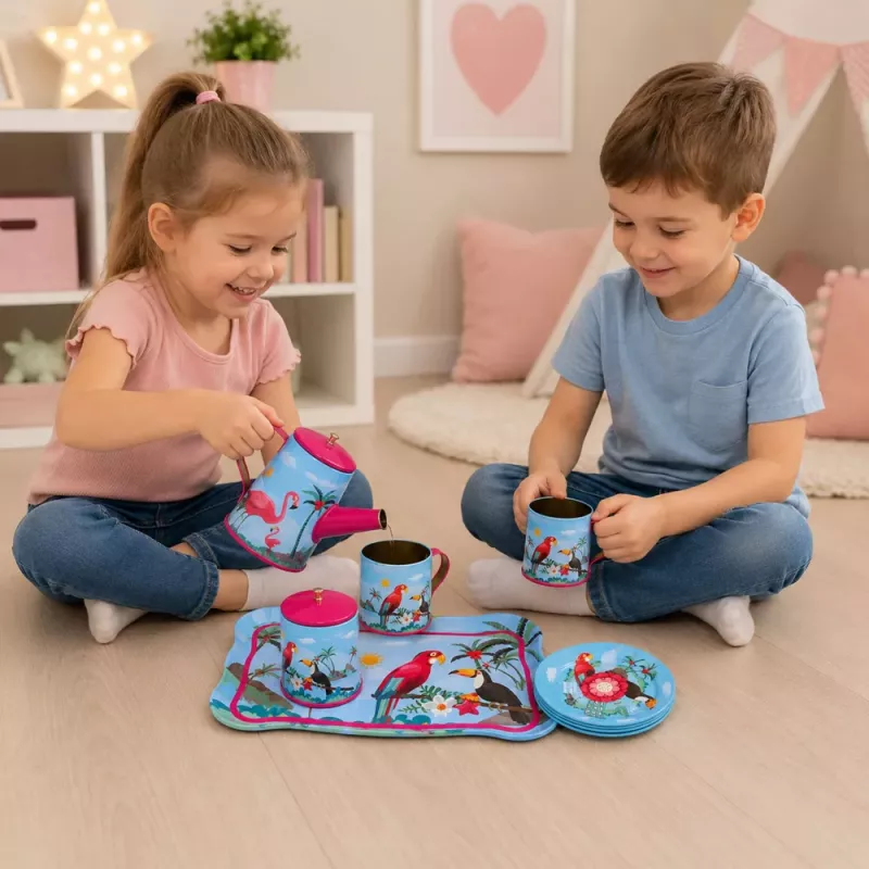 LEAN TOYS Arbatos rinkinys su papūgomis, metalinis, egzotiškas raštas, 12 vnt.