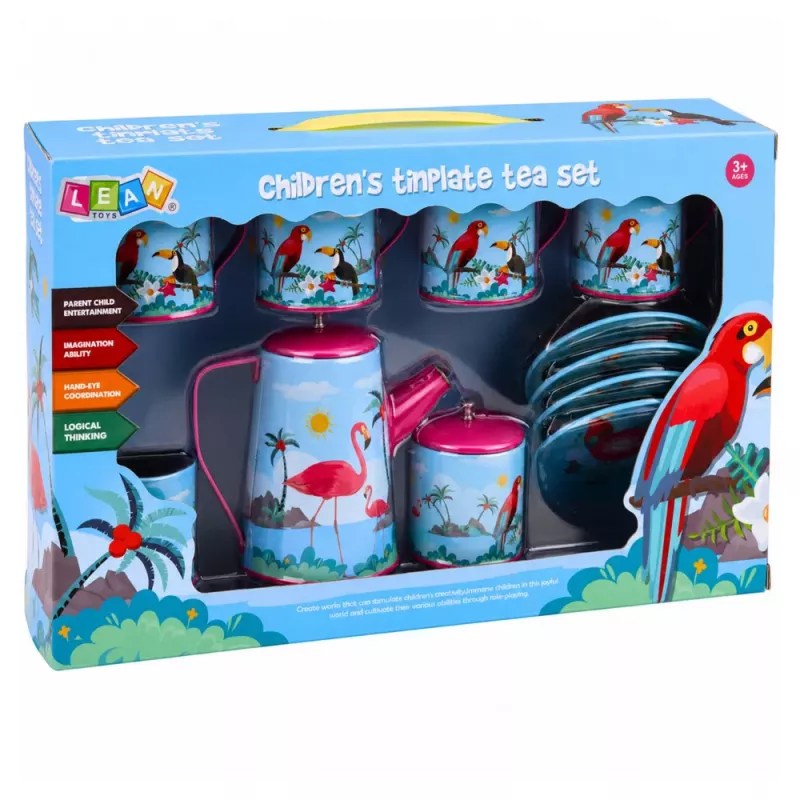 LEAN TOYS Arbatos rinkinys su papūgomis, metalinis, egzotiškas raštas, 12 vnt.
