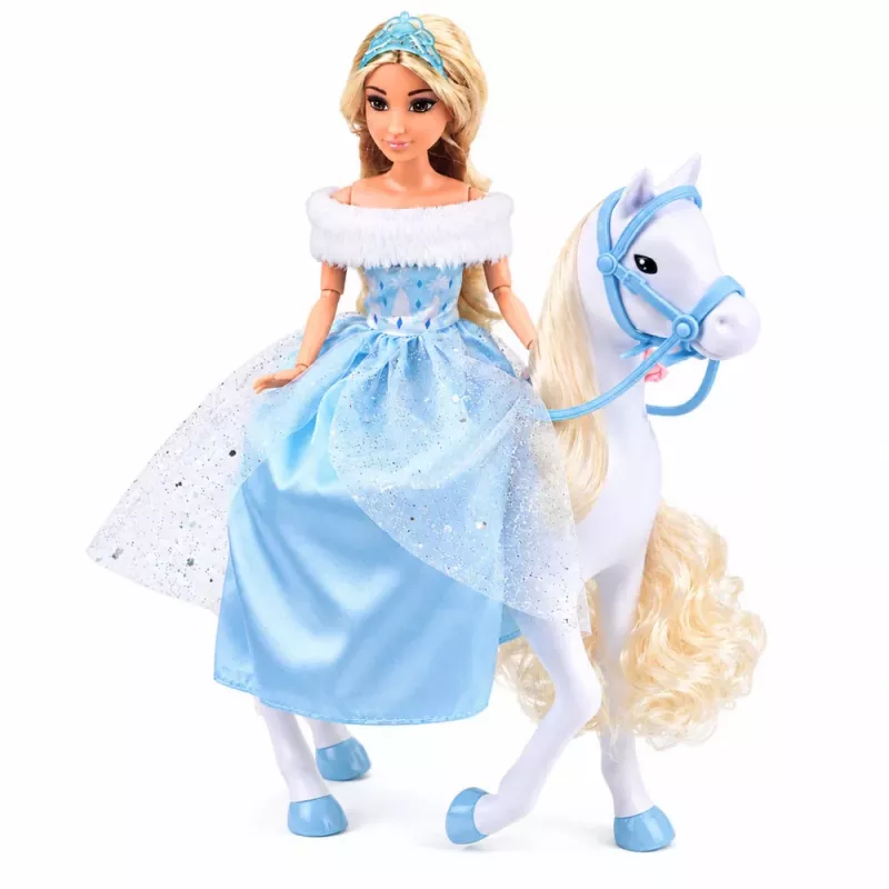 LEAN TOYS Anlily lėlė ant balto žirgo princesė mėlyna suknele aksesuarai