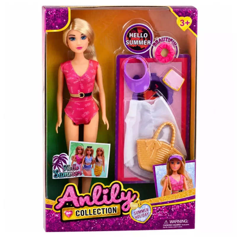 LEAN TOYS Anlily lėlė su maudymosi kostiumėliu, paplūdimio krepšiu ir aksesuarų rinkiniu