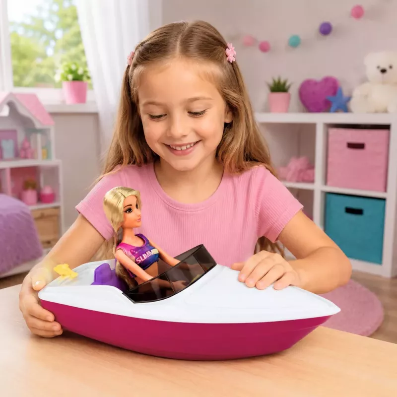 LEAN TOYS Anlily Lėlė su Motorine Valtele, Šuneliu, Liemenėle, Lentos Priedų Rinkiniu
