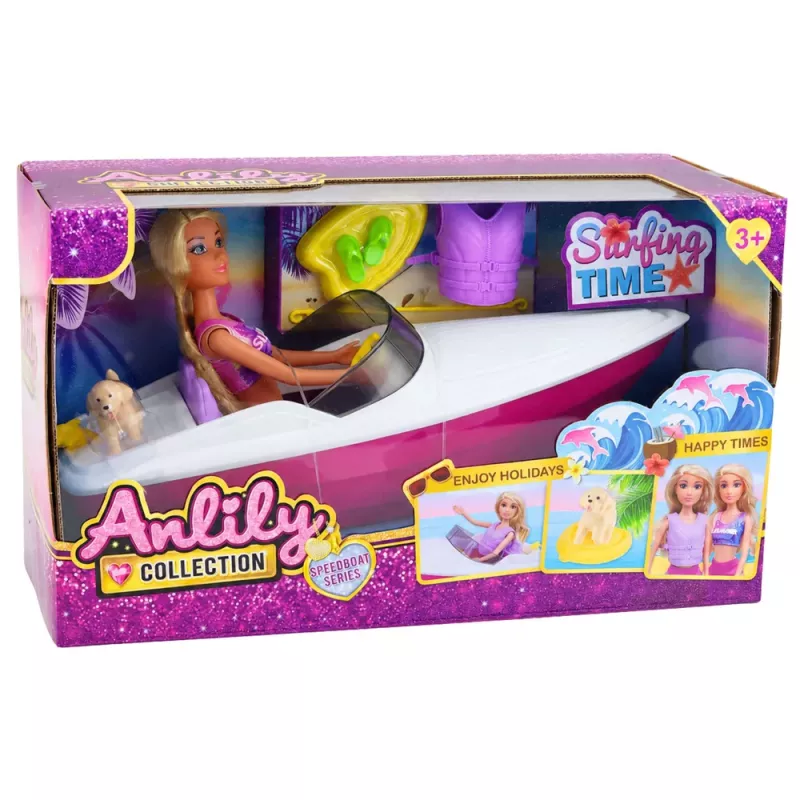 LEAN TOYS Anlily Lėlė su Motorine Valtele, Šuneliu, Liemenėle, Lentos Priedų Rinkiniu