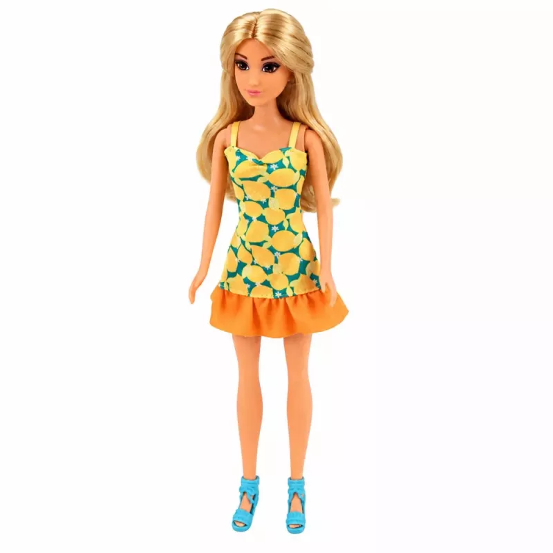 LEAN TOYS Anlily lėlė geltona suknele su kačiuku, sodo baldais, skėčiu ir aksesuarais
