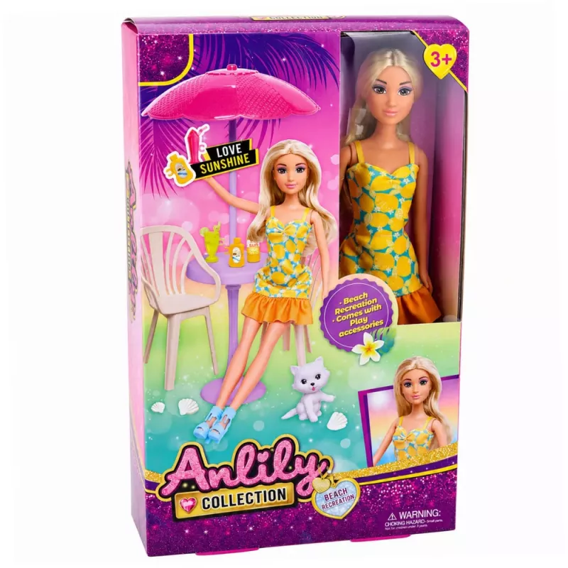 LEAN TOYS Anlily lėlė geltona suknele su kačiuku, sodo baldais, skėčiu ir aksesuarais