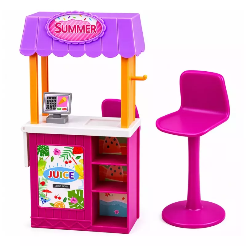 LEAN TOYS Anlily Lėlė Pardavėja su Gėrimų ir Užkandžių Stendu Priedų Rinkinys