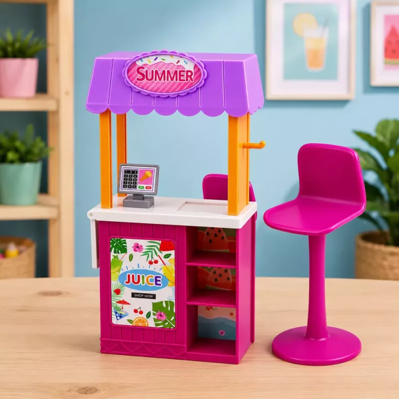 LEAN TOYS Anlily Lėlė Pardavėja su Gėrimų ir Užkandžių Stendu Priedų Rinkinys