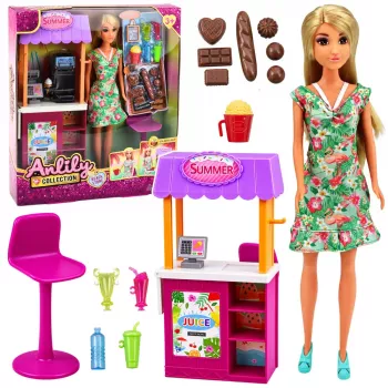 LEAN TOYS Anlily Lėlė Pardavėja su Gėrimų ir Užkandžių Stendu Priedų Rinkinys