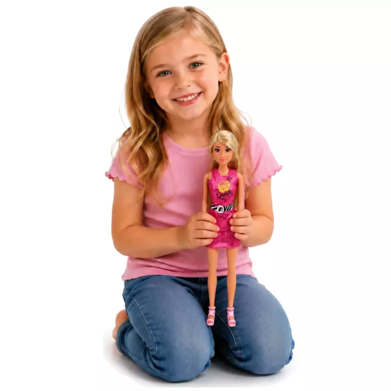 LEAN TOYS Anlily lėlė su rožine suknele, rankine, papuošalais, aksesuarų rinkiniu