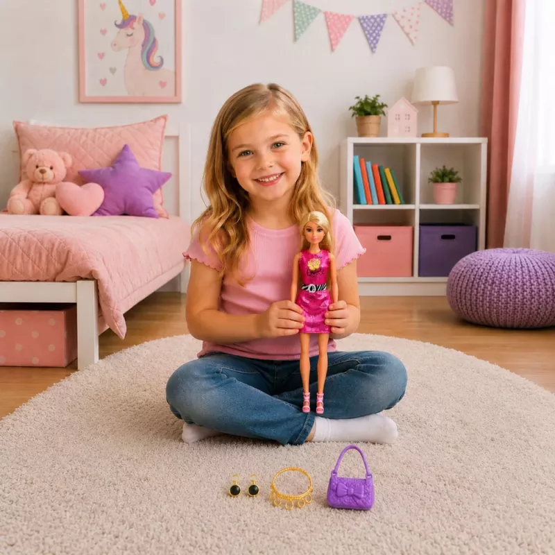 LEAN TOYS Anlily lėlė su rožine suknele, rankine, papuošalais, aksesuarų rinkiniu