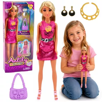 LEAN TOYS Anlily lėlė su rožine suknele, rankine, papuošalais, aksesuarų rinkiniu