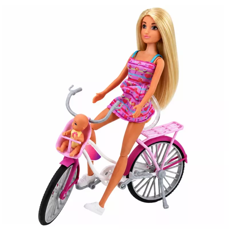 LEAN TOYS Anlily lėlė rožine suknele su dviračiu ir kėdute kūdikiui