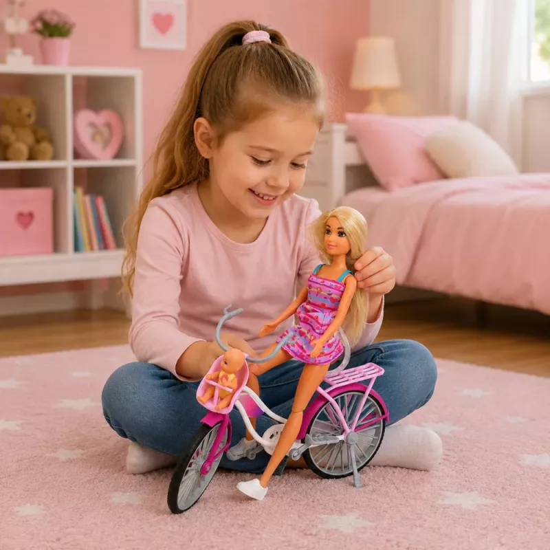 LEAN TOYS Anlily lėlė rožine suknele su dviračiu ir kėdute kūdikiui