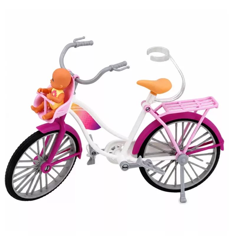 LEAN TOYS Anlily lėlė rožine suknele su dviračiu ir kėdute kūdikiui