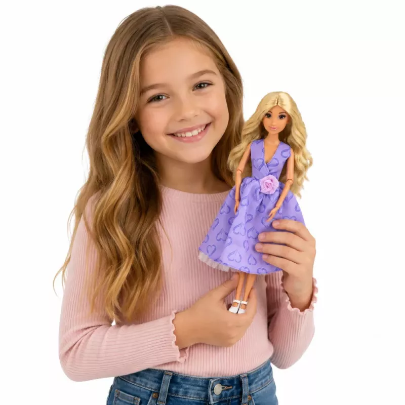 LEAN TOYS Anlily mados lėlė su violetine suknele, širdelėmis ir rankinės aksesuarų rinkiniu