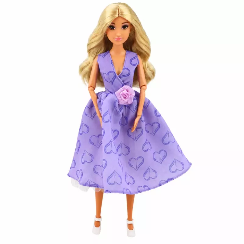 LEAN TOYS Anlily mados lėlė su violetine suknele, širdelėmis ir rankinės aksesuarų rinkiniu
