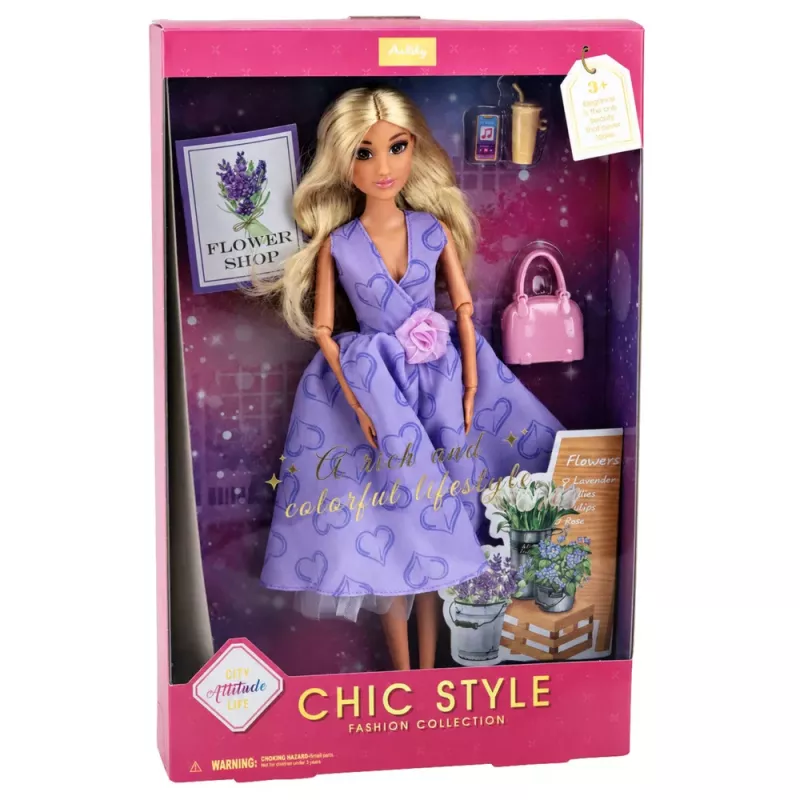 LEAN TOYS Anlily mados lėlė su violetine suknele, širdelėmis ir rankinės aksesuarų rinkiniu