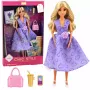 LEAN TOYS Anlily mados lėlė su violetine suknele, širdelėmis ir rankinės aksesuarų rinkiniu