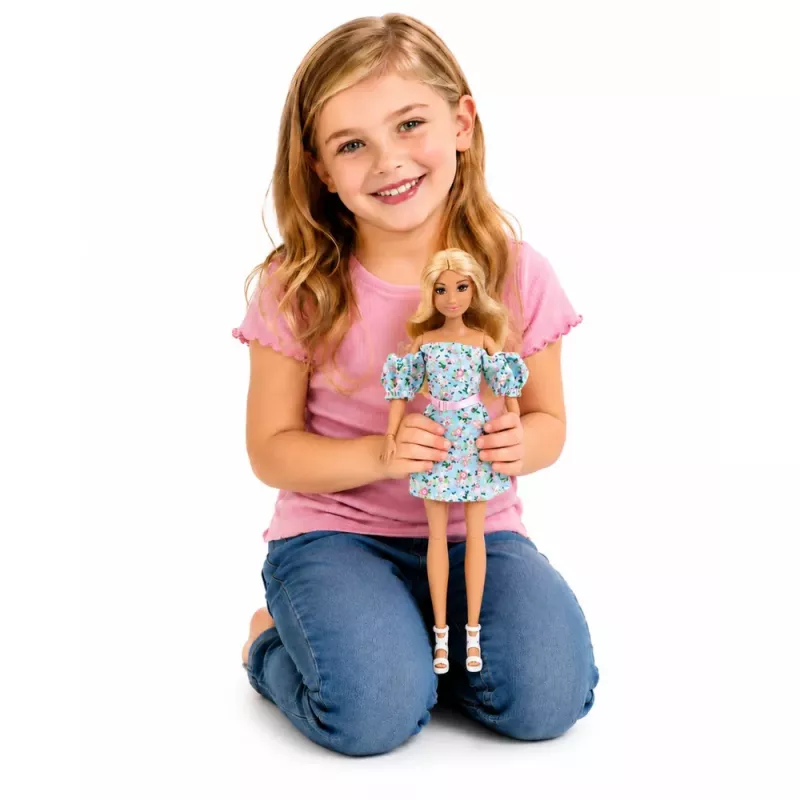 LEAN TOYS Anlily mados lėlė su mėlyna gėlėta suknele, rankine ir aksesuarų rinkiniu