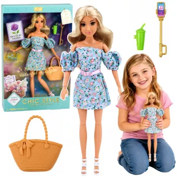 LEAN TOYS Anlily mados lėlė su mėlyna gėlėta suknele, rankine ir aksesuarų rinkiniu
