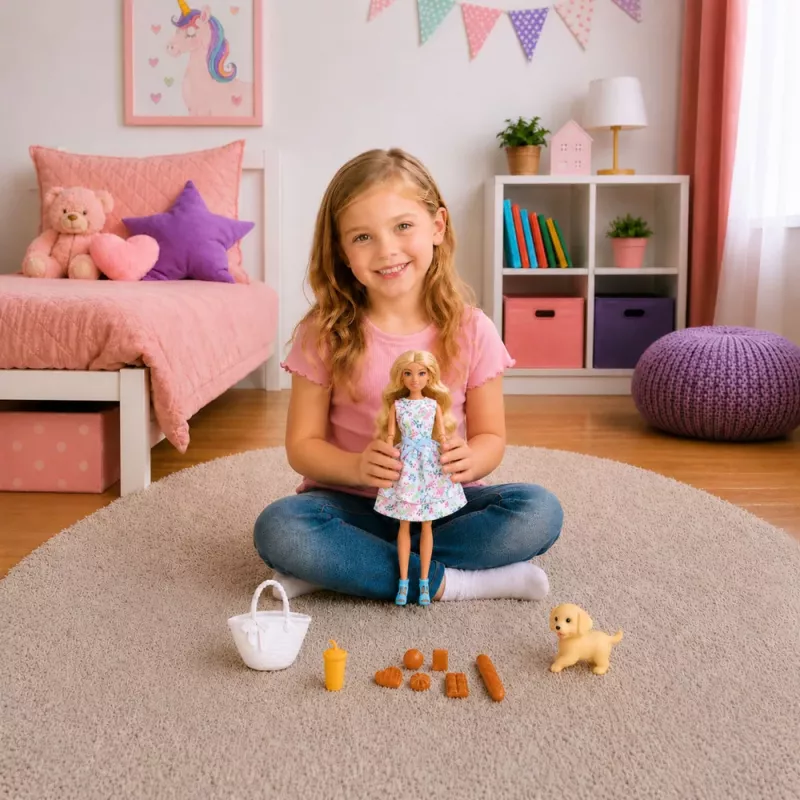 LEAN TOYS Anlily Lėlė su Šunimi, Gėlėta Suknele, Krepšiu, Užkandžiais, Aksesuarų Rinkinys