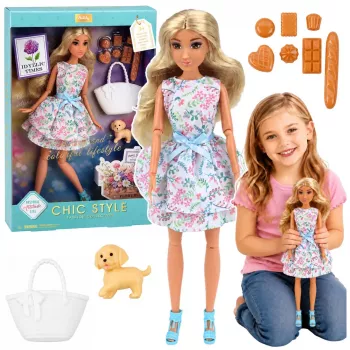 LEAN TOYS Anlily Lėlė su Šunimi, Gėlėta Suknele, Krepšiu, Užkandžiais, Aksesuarų Rinkinys