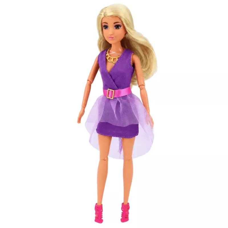 LEAN TOYS Anlily mados lėlė violetine suknele su ausinėmis ir aksesuarų rinkiniu