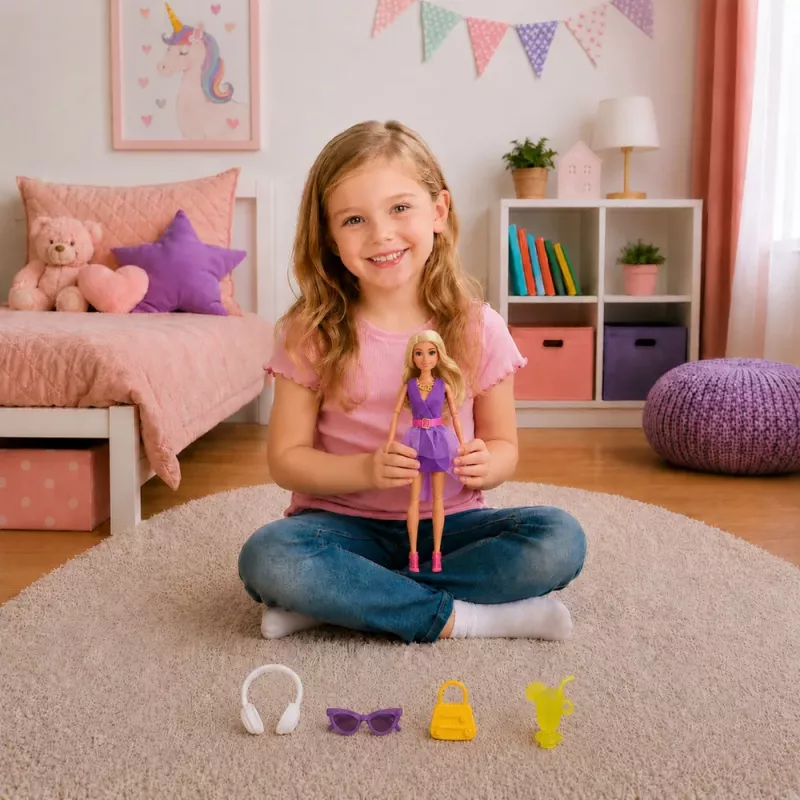 LEAN TOYS Anlily mados lėlė violetine suknele su ausinėmis ir aksesuarų rinkiniu