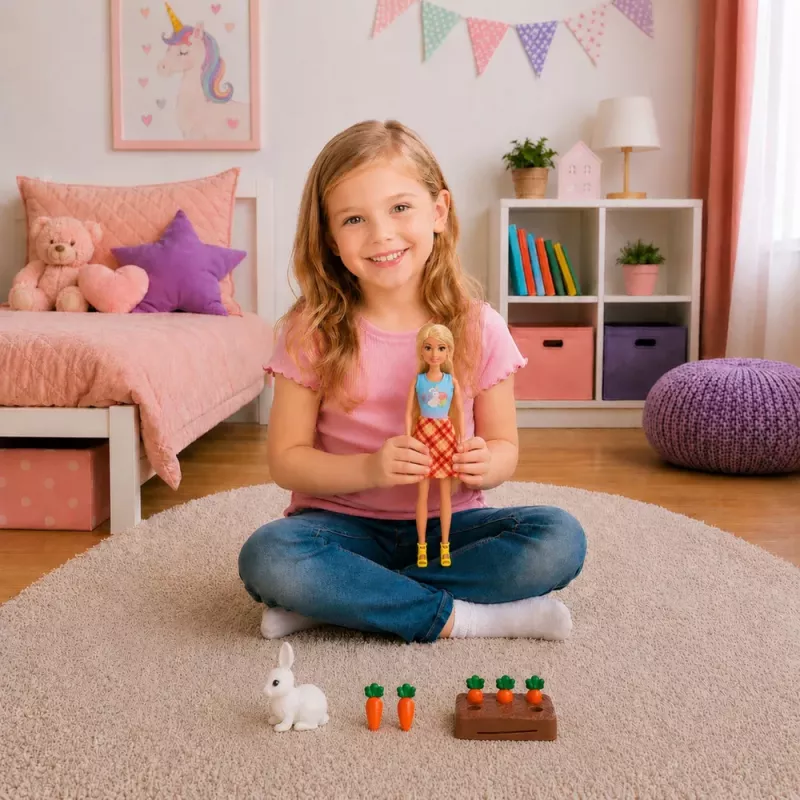 LEAN TOYS Anlily lėlė su baltu triušiu ir morkomis bei morkų stovu