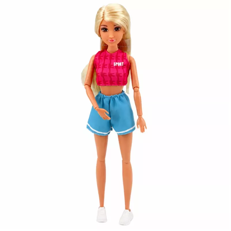 LEAN TOYS Anlily lėlė sportiniame kostiumėlyje su hanteliais, vandens buteliuku, krepšiu, aksesuarų rinkiniu