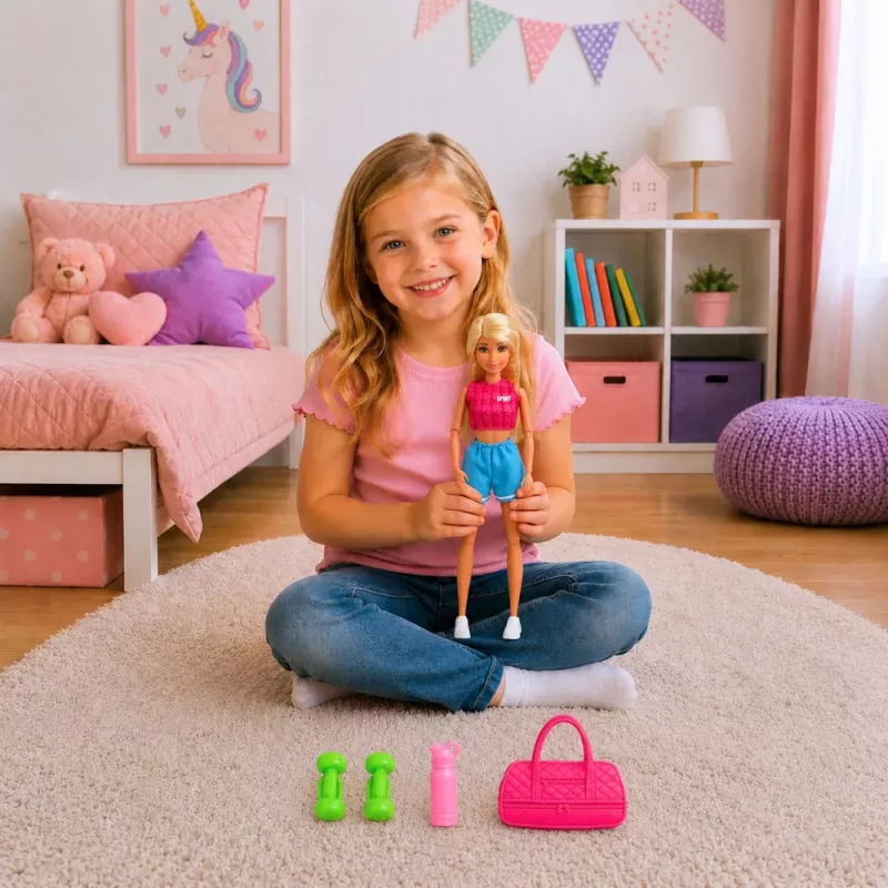 LEAN TOYS Anlily lėlė sportiniame kostiumėlyje su hanteliais, vandens buteliuku, krepšiu, aksesuarų rinkiniu